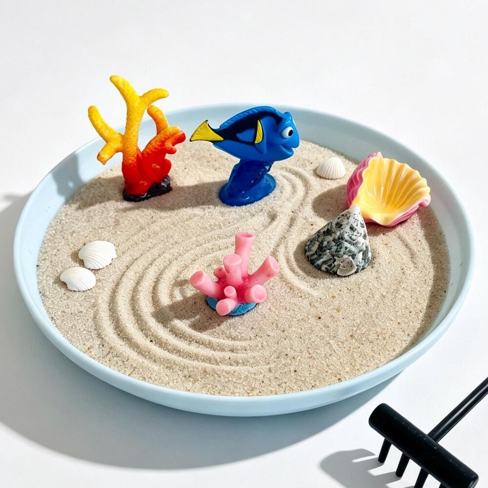 Ocean Zen Garden Desktop Sandbox Blue Fish Coral Seashell Desk Decor